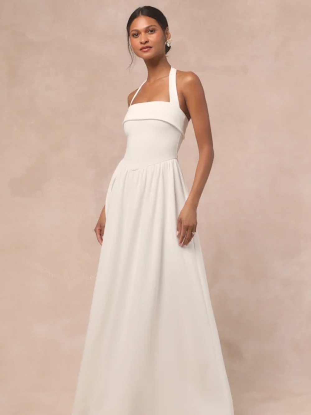 Lulus Telia White Halter Basque Waist Maxi Dress Size Small